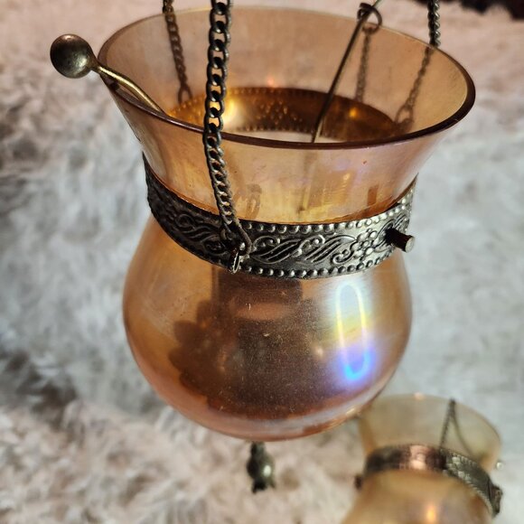 Antique Bronze & Glass Hanging Lanterns With Filigree Detailing - Picture 2 of 5